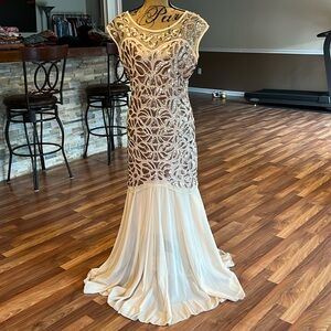 Size XL cream and rose pink sequins dress fitted then flares into sheer material